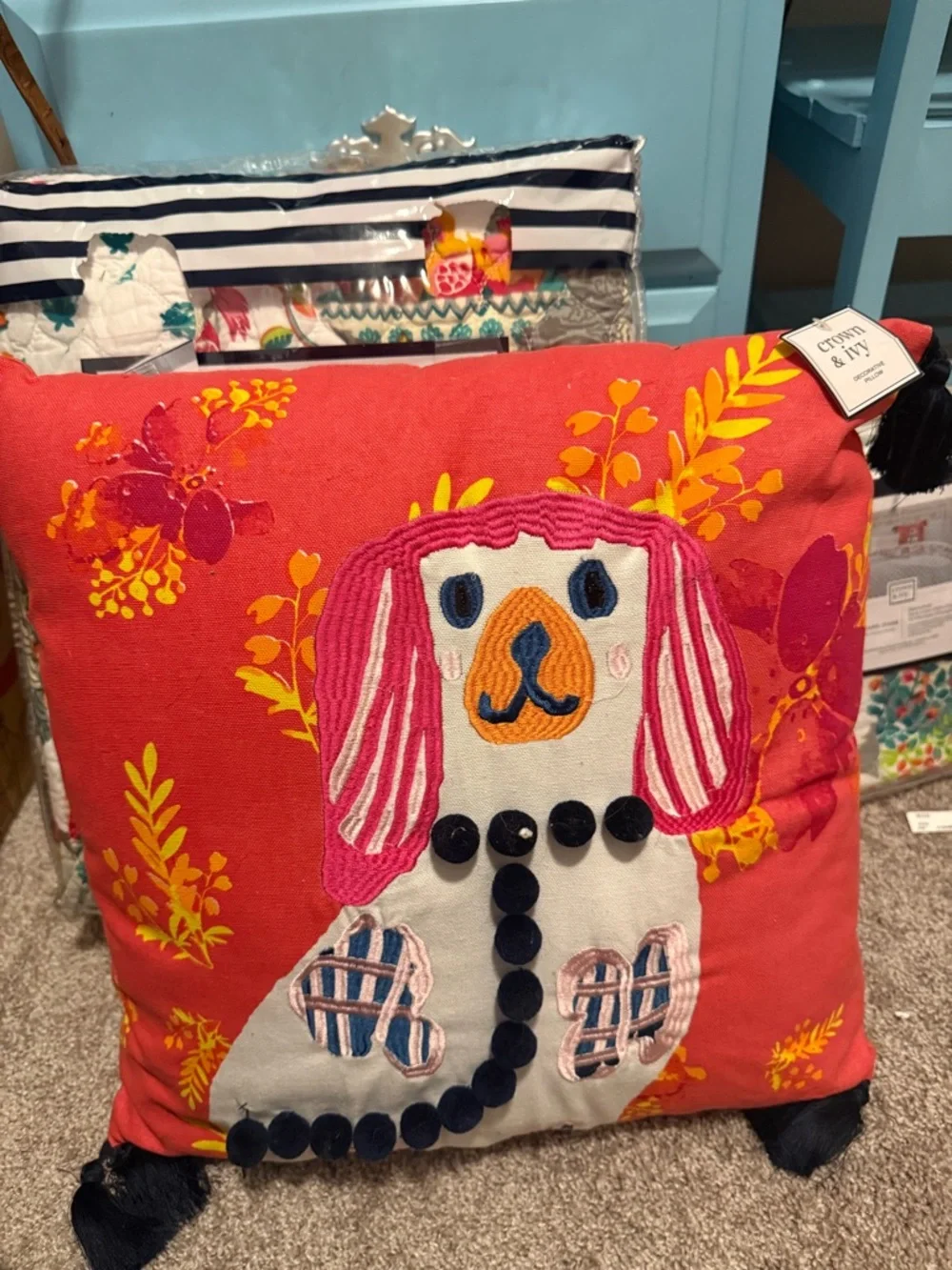 crown & ivy Coral Embroidered Dog Accent Pillow